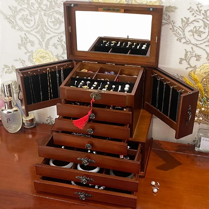 

Solid Wood Jewelry Box Large Trinket Retro Showcase Boxes Necklace Earring Bracelet Storage Case Display Organizer Supplies