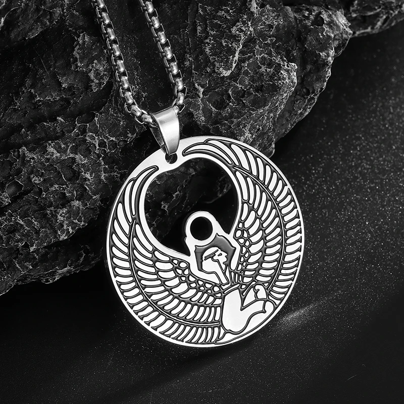 Stainless Steel Egyptian Isis Goddess Wings Pendant Necklace Men's Punk Trend Religious Lucky Amulet Jewelry