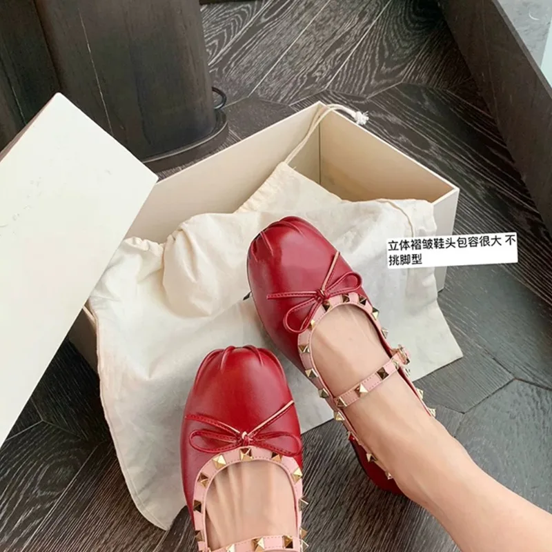 Zapatos Planos Mary Jane para Mujer, Zapatos de Ballet con Lazo, Correa con Hebilla, Punta Cuadrada, Color Rojo, Zapatillas Mujer