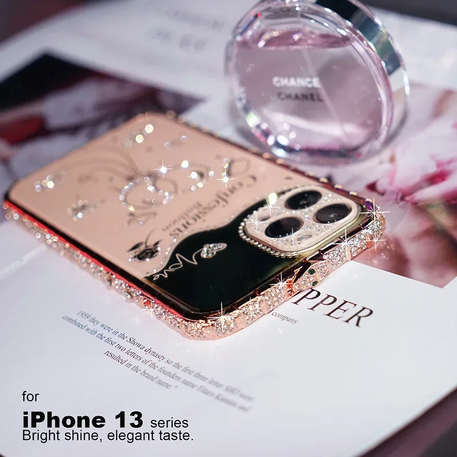 Rhinestone Crystal Diamond Metal Frame Case For iPhone 15 14 Plus 13 12 11 Pro Max Balloon Pattern Acrylic Back Film Cover