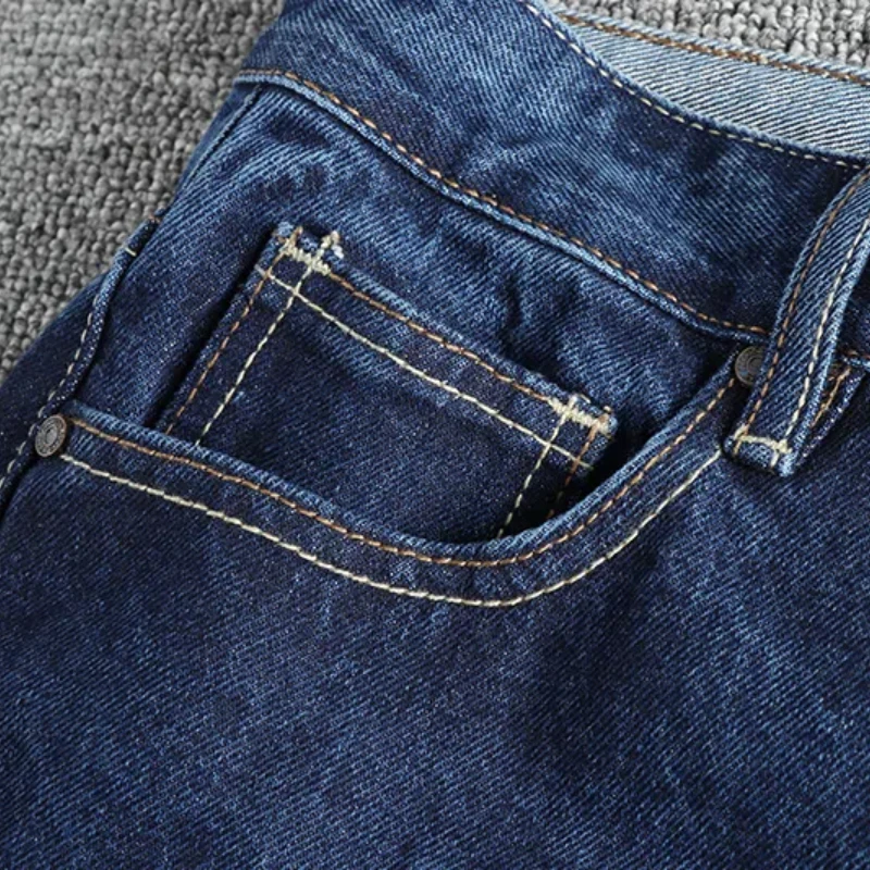 100% cotton primary blue American retro trend jeans men comfortable fit straight tube contrast color bright line craft casual pa