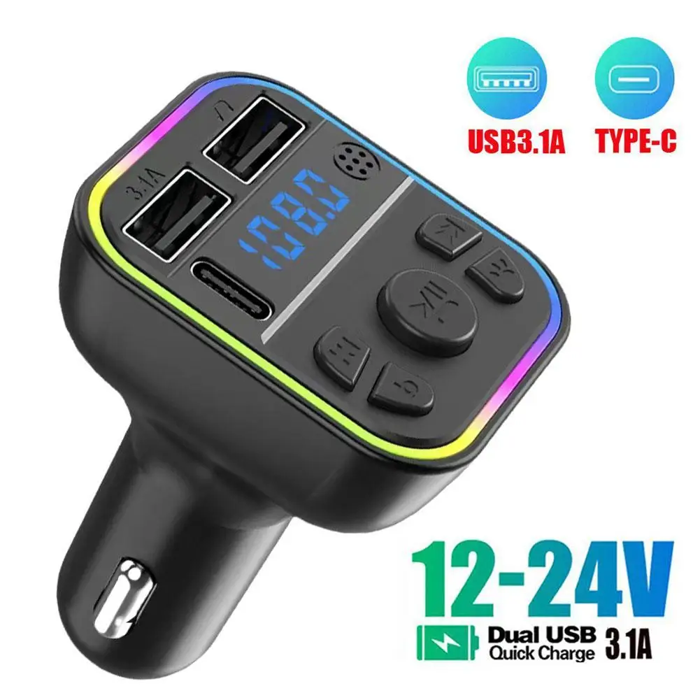 

Car Bluetooth 5.0FM Transmitter PD Type-C Dual USB 3.1A Fast Charger Cigarette Lighter Outlet Light Handsfree MP3 Player