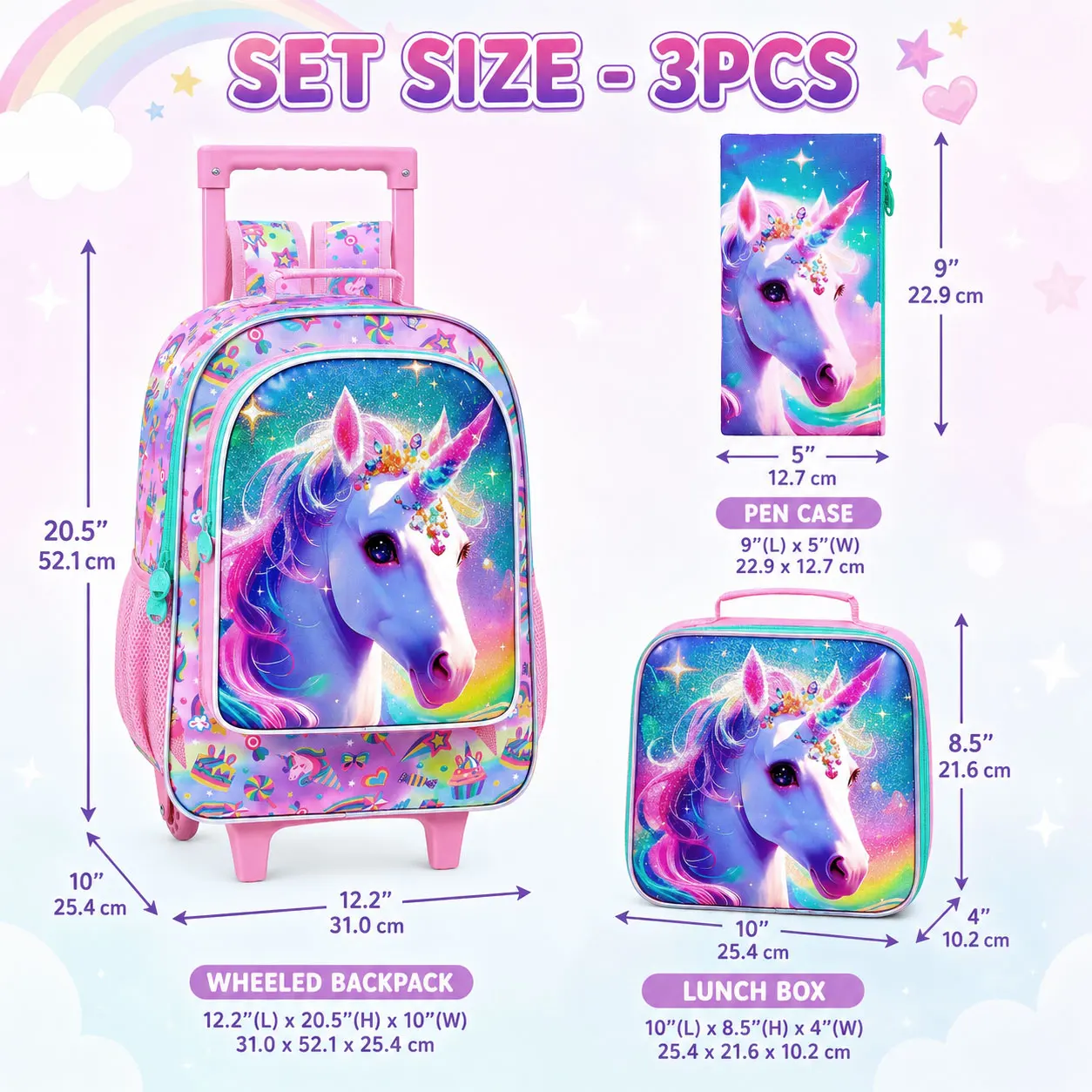 Kid's rolling backpack 3PCS Set, One Rolling Backpack + Handbag + Pencil Case, Sparkly Rainbow Unicorn, Large Capacity.