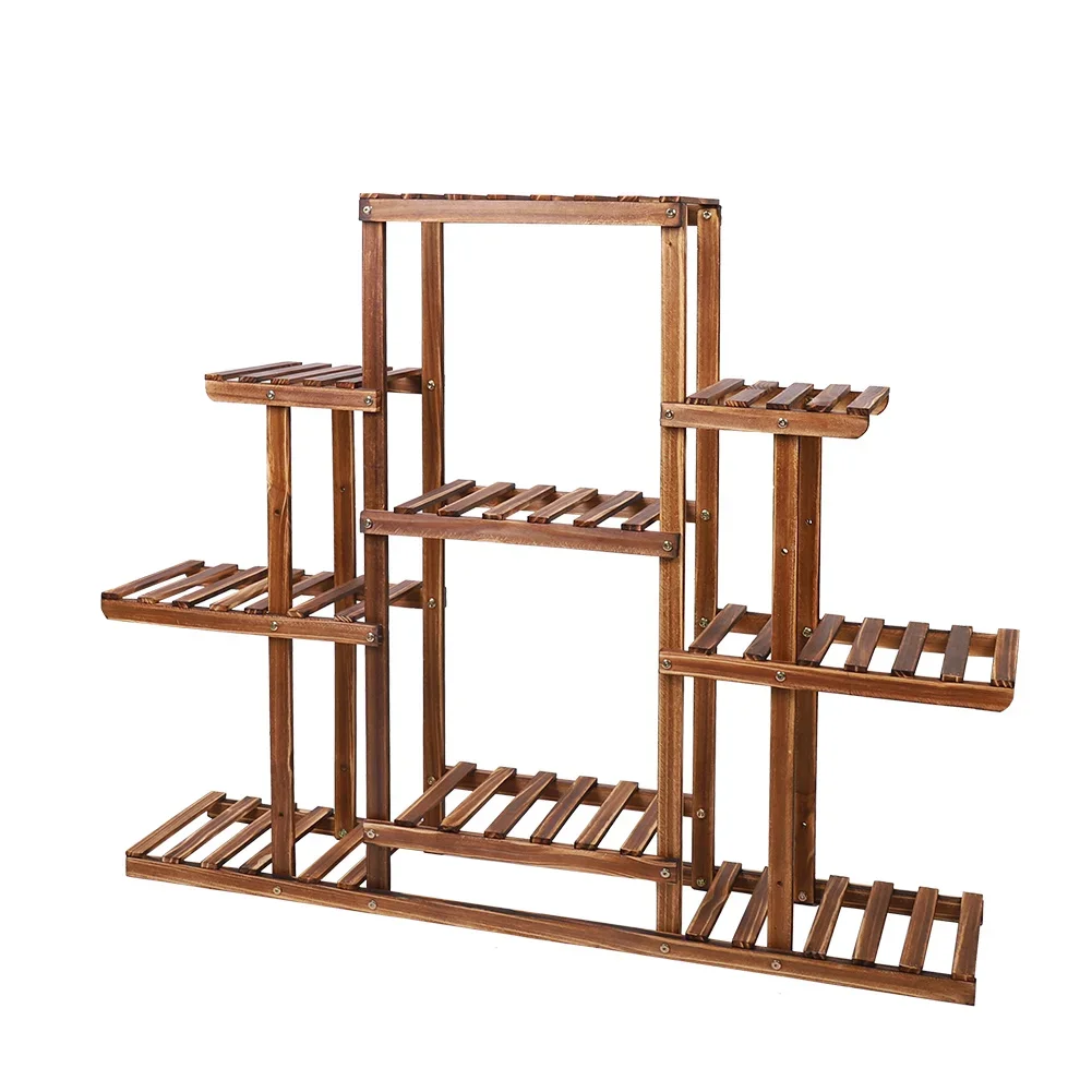 Multi-tiered Plant Stand 9 Tier Carbonized Wood Flower Rack Display Indoor