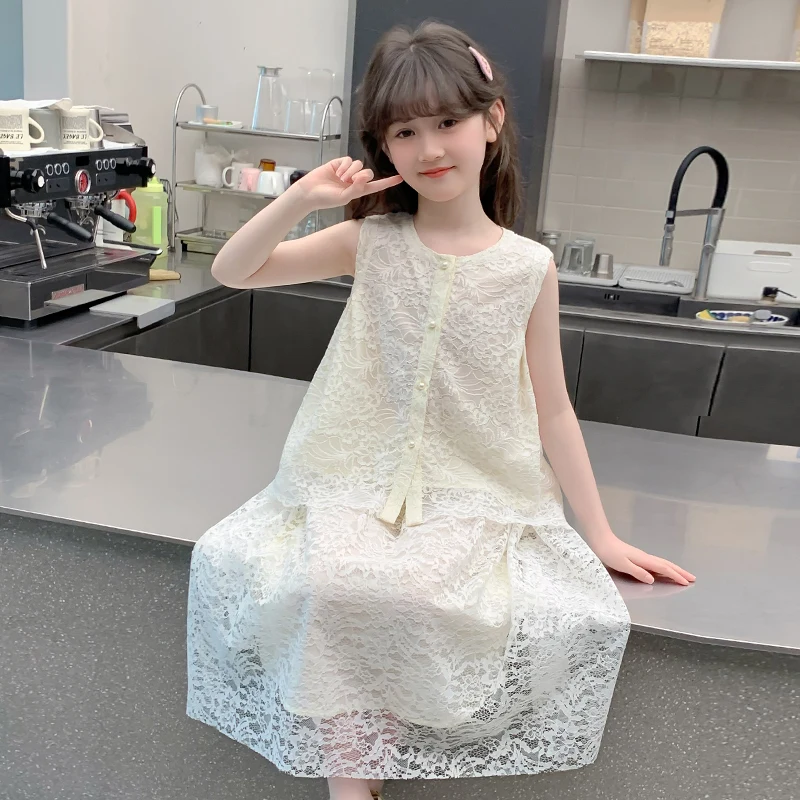 

Girls Summer Dress Chinese-style Children Elegant Lace Princess Dress Kids Sleeveless Dress 2025 New