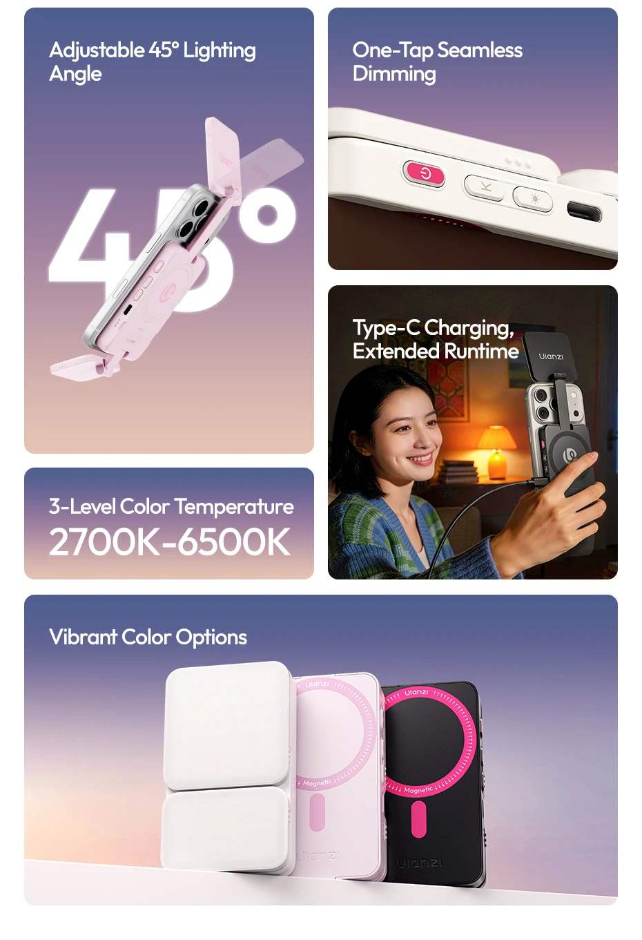 Ulanzi GL01 GlowUp Fill Light – Beidseitiges magnetisches Selfie- und Videolicht für iPhone 17, 16, 15, Huawei und Xiaomi – Detail 3