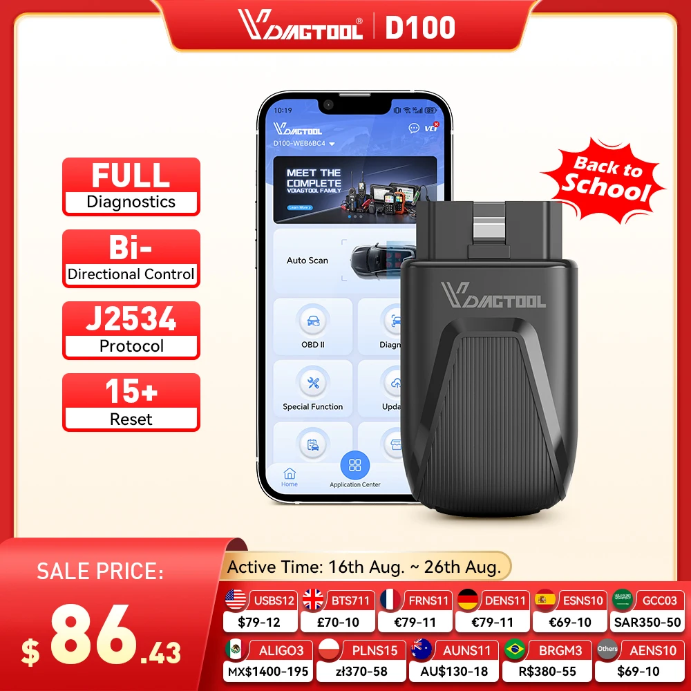 New VDIAGTOOL D100 OBD2 Bluetooth Scanner Car Diagnostic Tools 23+ Reset All System Active  J2534 Protocol Lifetime Free Update