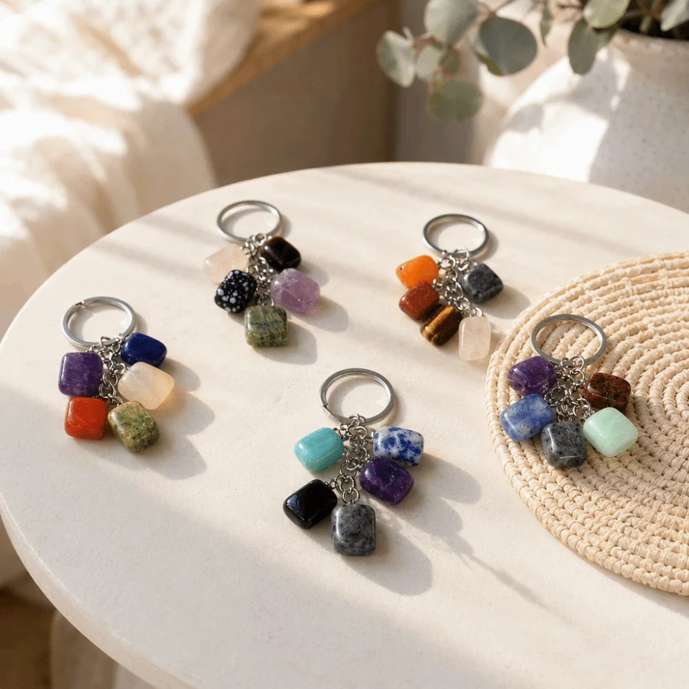 Stone 12 Constellation Keychain Zodiac Polished Birthstone Key Pendant Multicolor Lightweight Astrology Keyring Party Favor