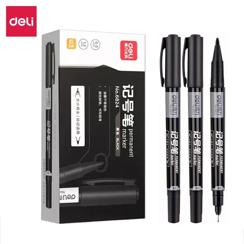 Deli 12pcs/box Twin Tip Permanent Marker Pens 0.5-1.2mm Nib Waterproof Ink Oily Black Ink Fine Point Paint Marker Pen Stationery
