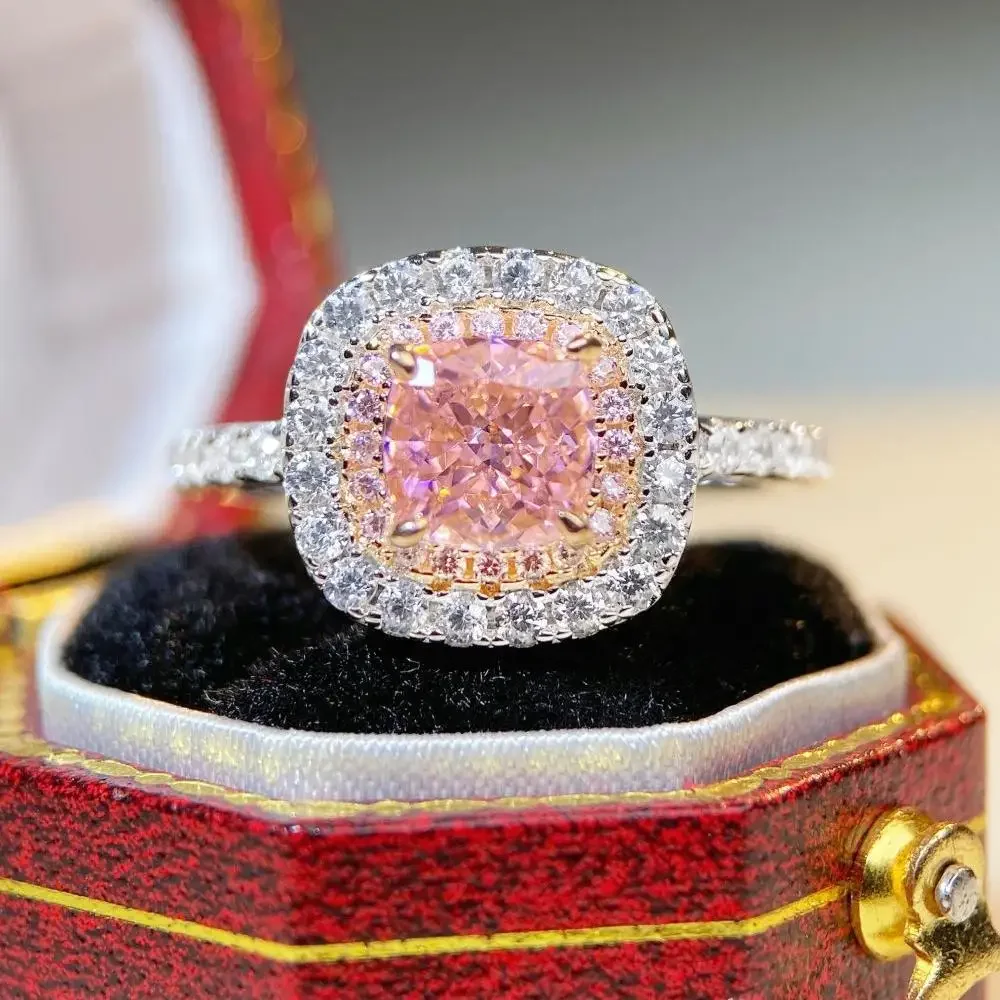 New925 Silver Ring Female Shake Tone Explosive Pink Diamond Ring Luxury Full Diamond Square Bag Pink Ice Flower Wedding Jewelry