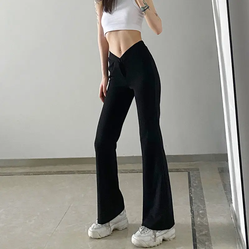 Fycooky V-shaped Waist Flare Pants Women Solid Design Sense Slim Midriff-baring Sexy Thin Summer Casual Pants Female