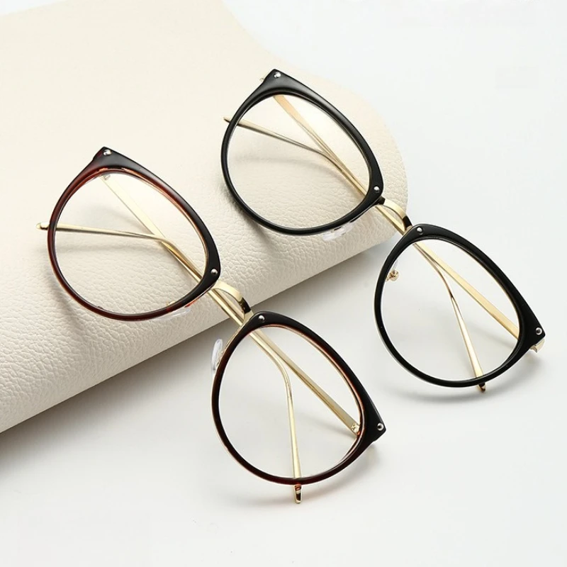 Retro Metal Frame Optical Plano Glasses for Women and Men Round Oversized Cat Eye Eyeglasses Anti Blue Light Blocking Eyewear