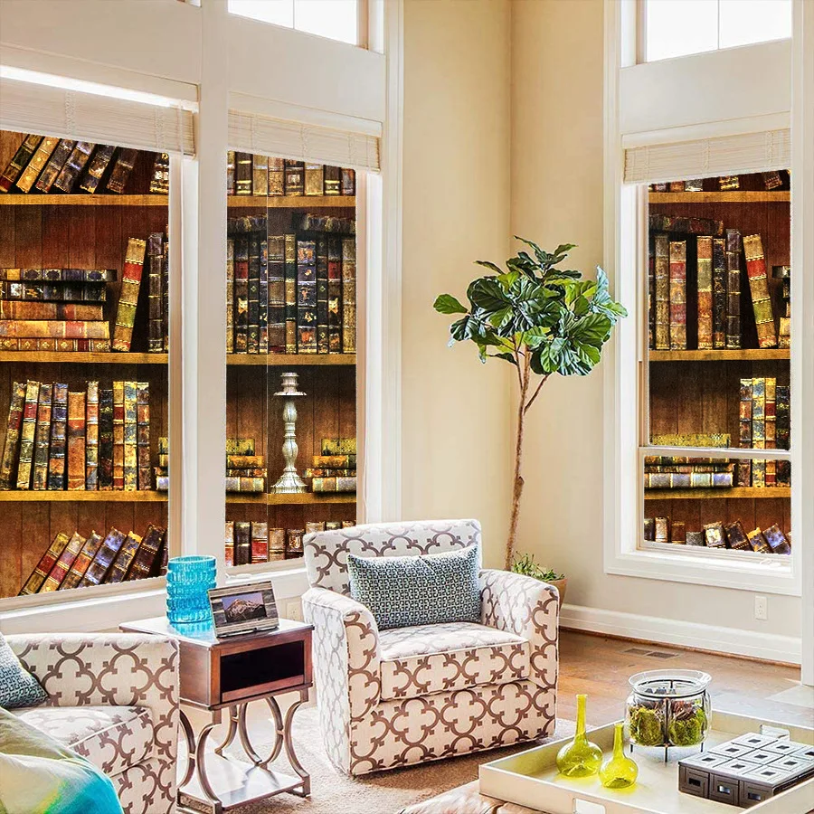 Vinyl French Retro Bookshelf Pattern Decor Stickers Self Adhesive Waterproof Removable Wallpaper for Study Living Roo Bedroom