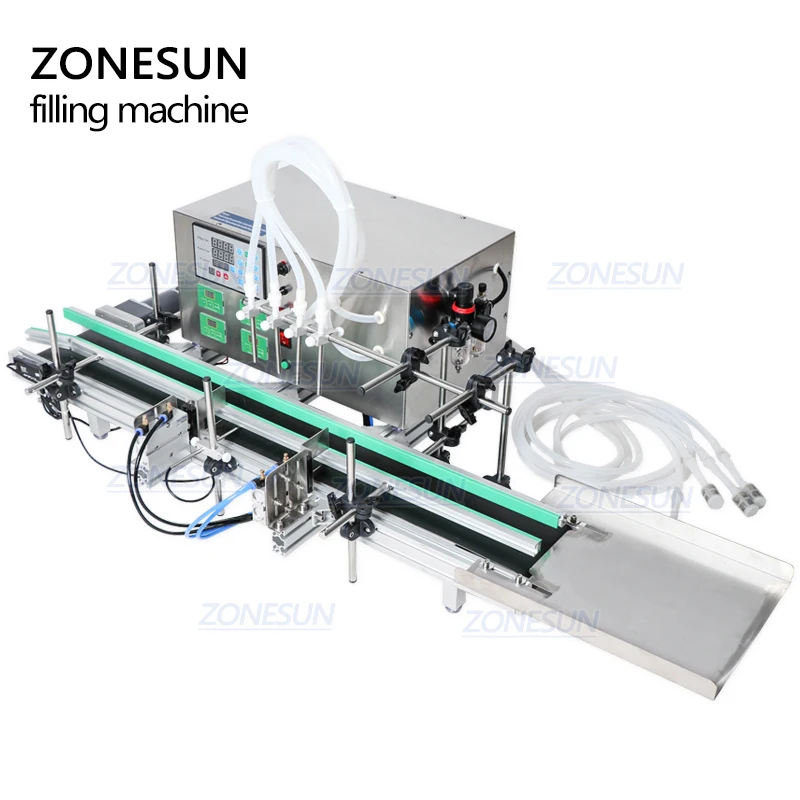 ZONESUN Full Automatic Desktop Liquid Filling Machine With Conveyor Glass Plastic Bottle Perfume Juice Milk Water Filler