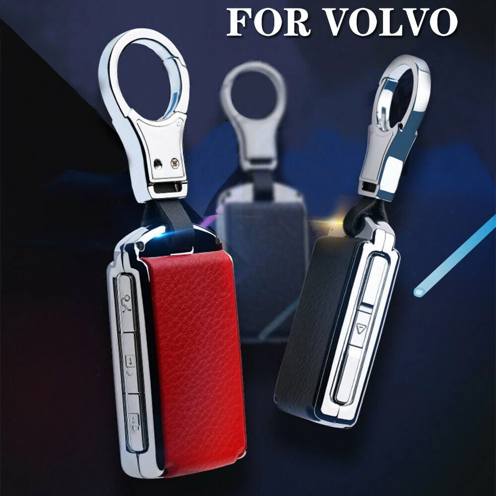 Car Leather Key Fob Skin Metal Key Cover Case for Volvo XC90 XC70 S60 S80 Blue