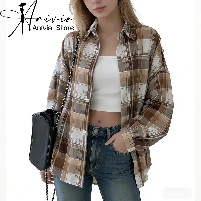 

Женская коричневая рубашка в клетку с воротником, длинным рукавом, в стиле Y2K, модная, для офиса, колледжа, ретро-топ, элегантный французский стиль, 2026