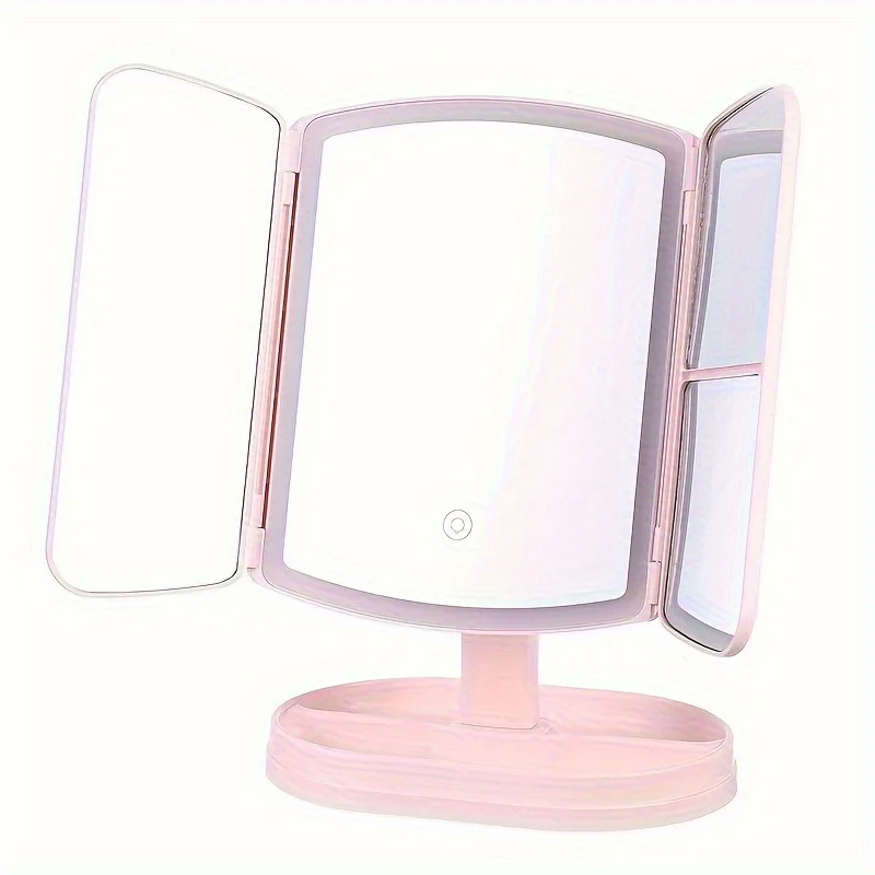 1pc Folding Vanity Mirror, LED Tri-fold Desktop Makeup Mirror With Stand,  Screen Dimming, Suitable For Makeup And Gifts