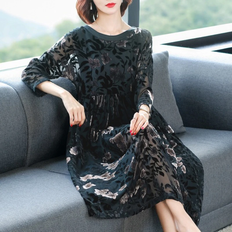 

Fall Spring Fashion Womens Elegant High Waisted Black Velvet Floral Long Dress , Woman Loose Jacquard Flower Velour Dresses