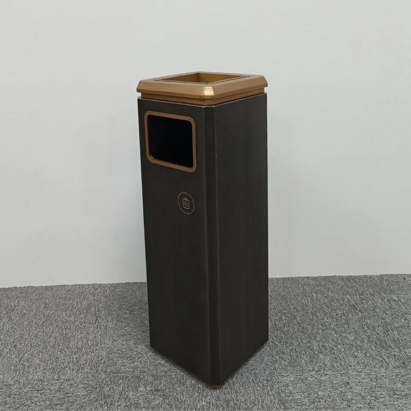 

Stainless steel fruit peel garbage bin with vertical ashtray in sales office, elevator entrance in shopping mall lobby