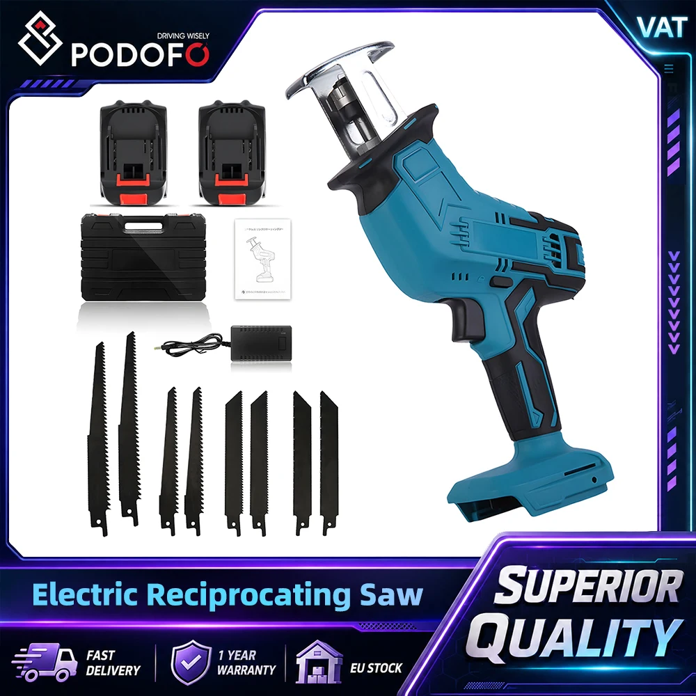 Podofo, sega elettrica a batteria da 21 V, sega a filo senza fili, ideale per tagliare rami, con 2 batterie e caricabatterie, regolazione continua della velocità, luce LED, blocco di sicurezza,