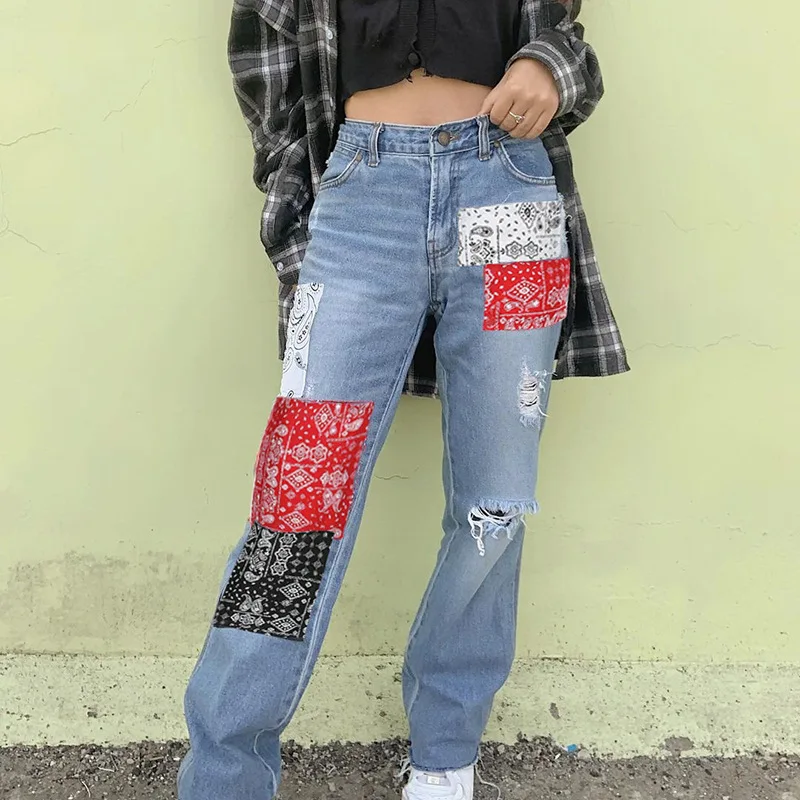 2023 New Fashion Streetwear Bandana Patchwork Denim Pants Hole Ripped Jeans Women Fashion High Waist Jeans Straight Trousers