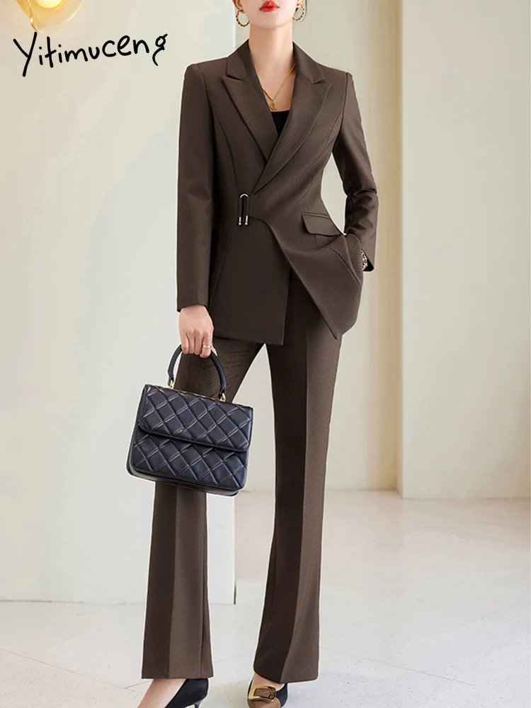 Brown Navy Black Ladies Formal Pant Suit Women Jacket and Trouser Female Business Work Wear 2 Piece Blazer Set for Autumn Winter