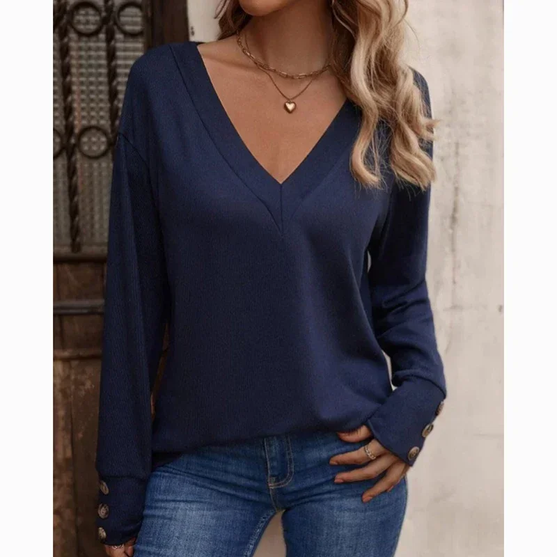 Herfst Dunne V-Hals Pullover T-Shirt Vrouwen Casual Losse Lange Mouw Vrouw T-Shirts Winter Nieuwe Elegante Solide Kantoor Dame Tees 29767