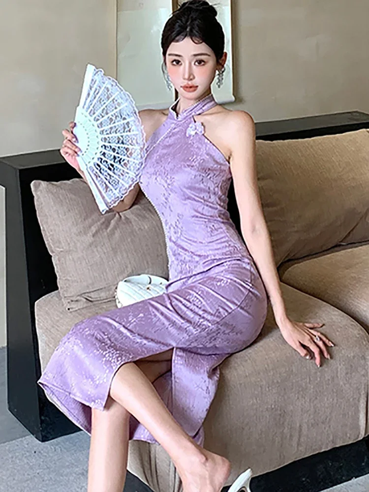 

Fashion Chic Neck-mounted Dress 2025 Korean Vintage Elegant Party Dress Women Purple Jacquard Diamonds Luxury Long Dress Summer