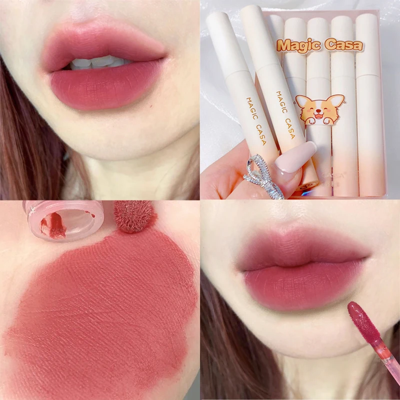 Juego de maquillaje de terciopelo mate, 5 colores, resistente al agua, lápiz labial líquido rojo duradero, taza no pegajosa, esmalte de labios rojo, cosméticos