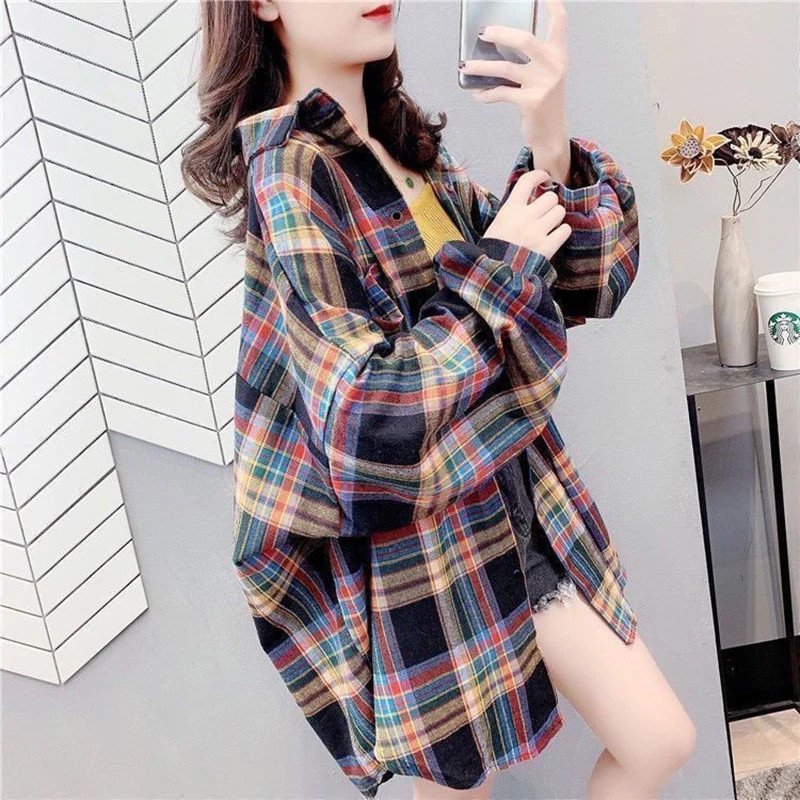 

Fashion Lapel Plaid Lantern Sleeve Asymmetrical Shirts Female Clothing 2024 Spring Summer Loose Casual Tops Irregular Blouses