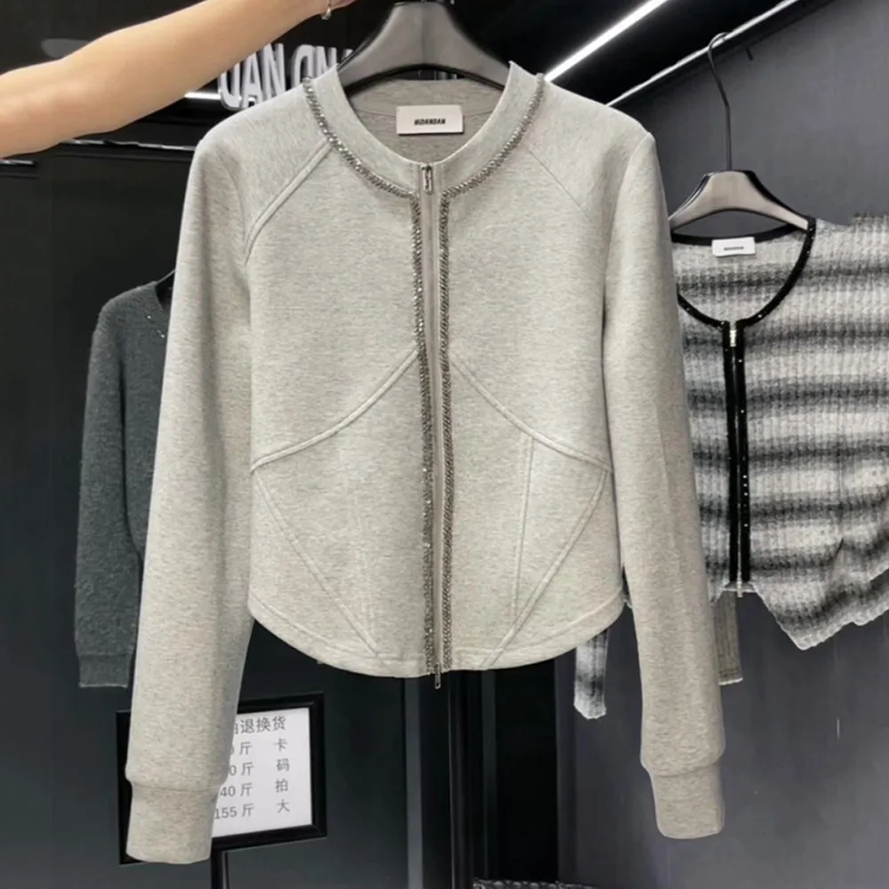 Grey Long Sleeve Sportswear For Women Spring Autumn 2024 New Design Loose Versatile Casual Zippered Short Jacket Sweatshirt Coat