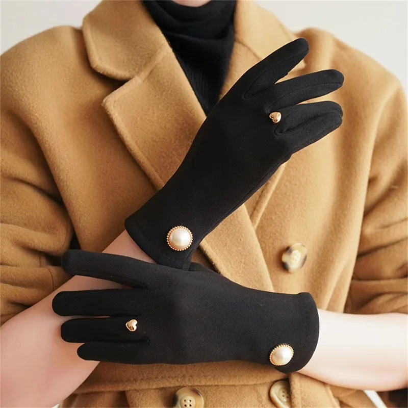 Elegant Pearl Decorated Wool Blend Touchscreen Gloves for Women Winter Warm Retro Luxury Handwear for Daily Commute Fashion