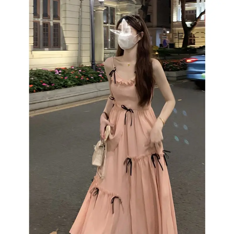 

Women Summer 2023 New Style Slip Dress Bow Fashion French Design Sense Pure Desire Waist Long Skirt Lace Fairy Wind