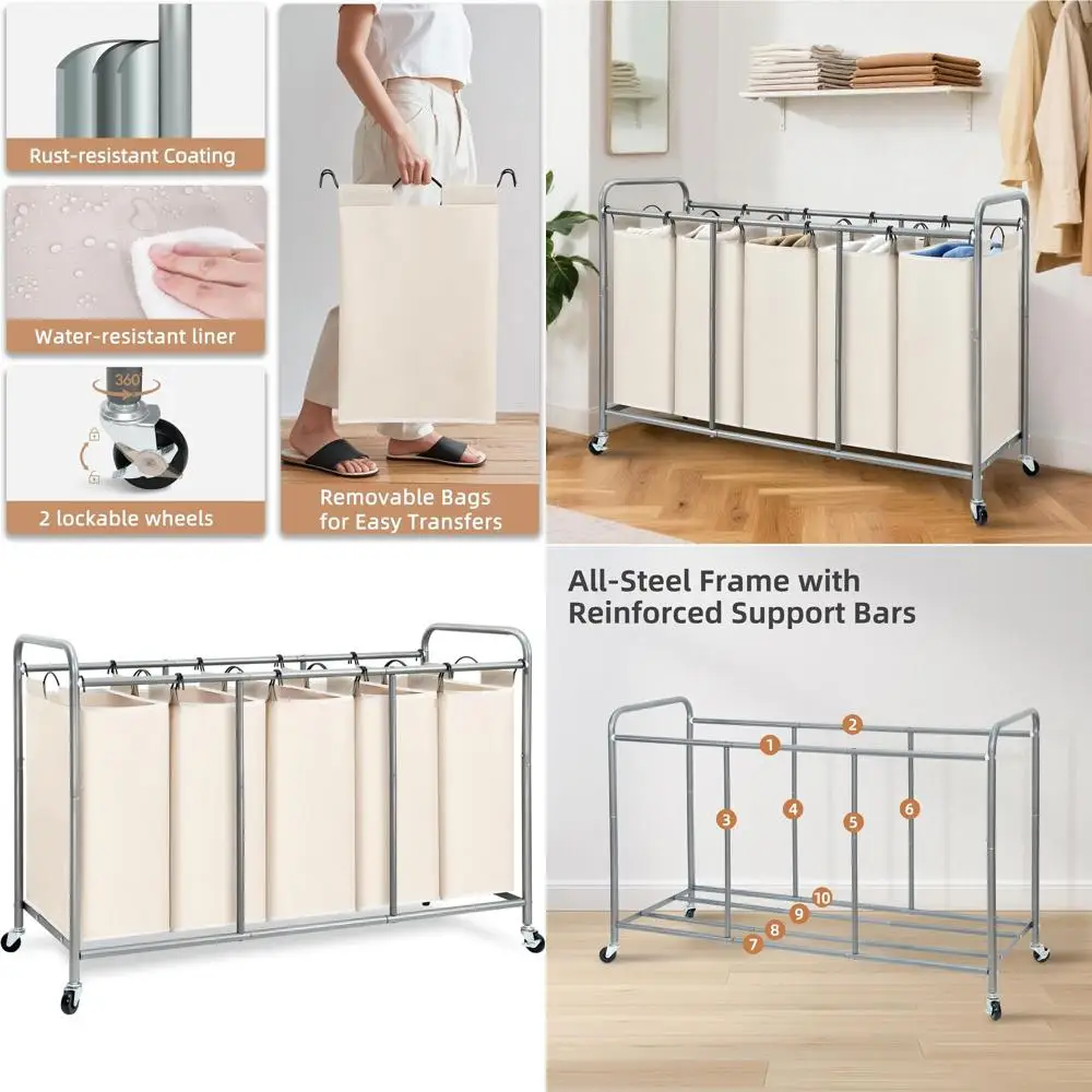 

5-Section Rolling Laundry Sorter with Lockable Wheels, Large Capacity Clothes Organizer Basket, Beige