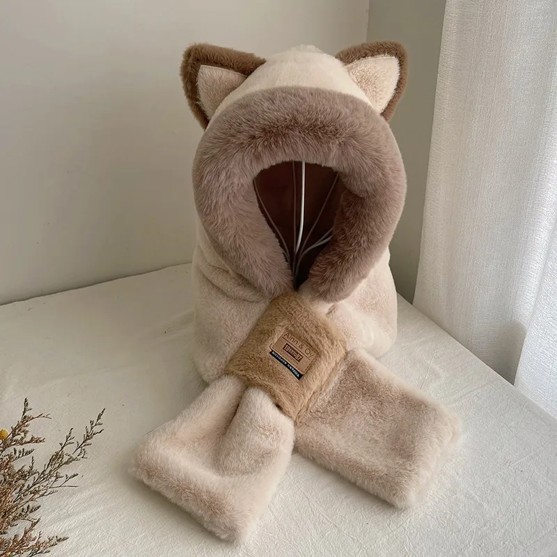 Winter All-match Cute Plush Hat To Keep Warm in Winter Thickened Anti-freeze and Windproof Hooded Scarf Scarf All in One