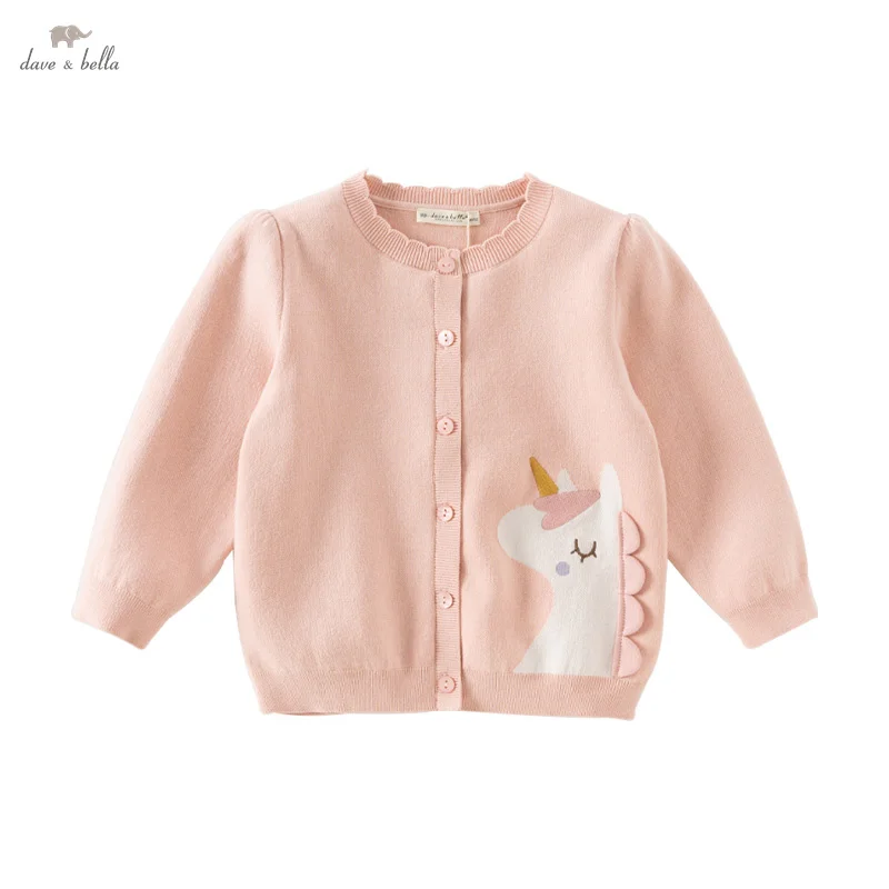 Dave Bella Girl's Sweater Cardigan 2025 Spring Lace Collar Gentle Unicorn Print Children's Pure Cotton Knitwear Top DB3242339