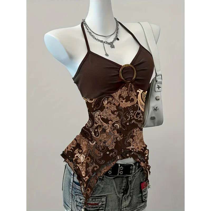 

Y2K Vintage Brown Paisley Print Camisole Women, Round Ring Decoration Irregular Hem Sweet Spicy Inner Wear