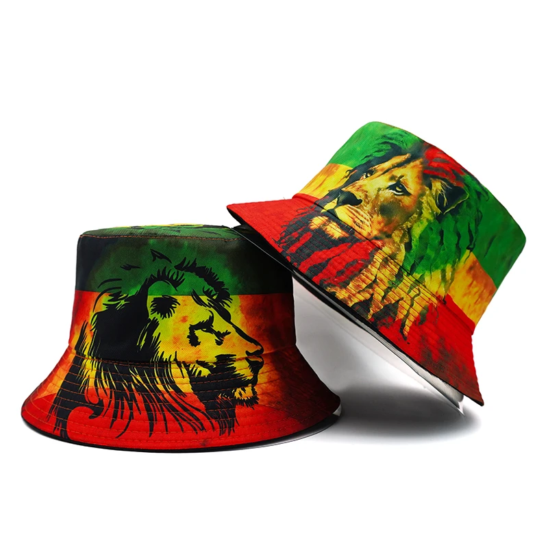 Bocca Rasta Style Bucket Hat Lion Cartoon Printing Pattern Fisherman Hats Double Sides Panama Cap For Men Women Outdoor Sun Caps