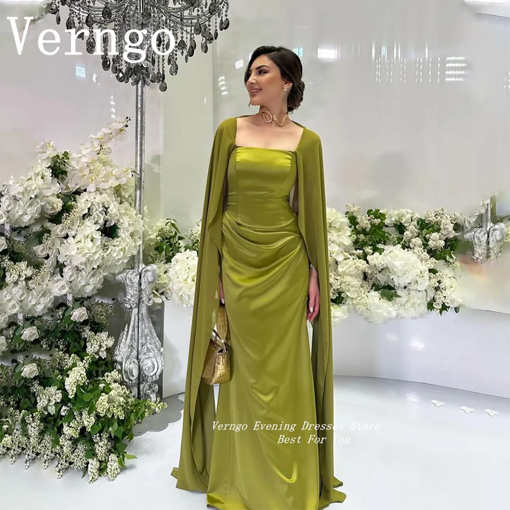 Verngo Green Crepe Evening Dress Square Collar A Line Prom Gown Saudi Arabic Floor Length Party Dress Formal Occasion Dress