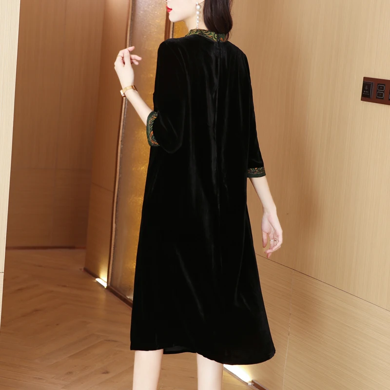 2023 New Fashion Silk Velvet Dress Women\'s Autumn Vintage Embroidery Knee Length Dress Korean Black Loose Fit Party Vestidos