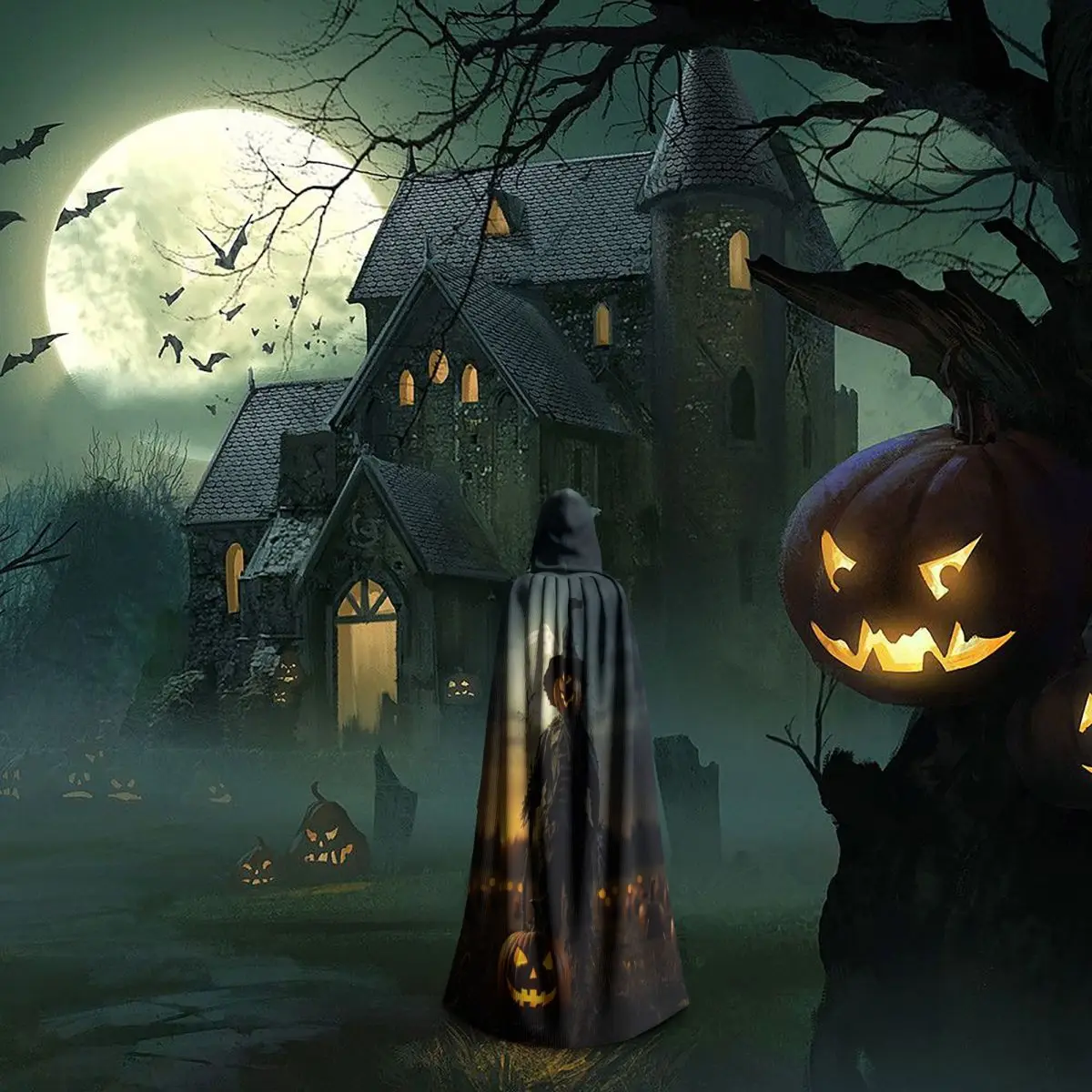 هالوين اليقطين الفزاعة طويلة مقنعين عباءة الساحرة القرون الوسطى زي تأثيري كيب HalloweenParty الكبار للجنسين