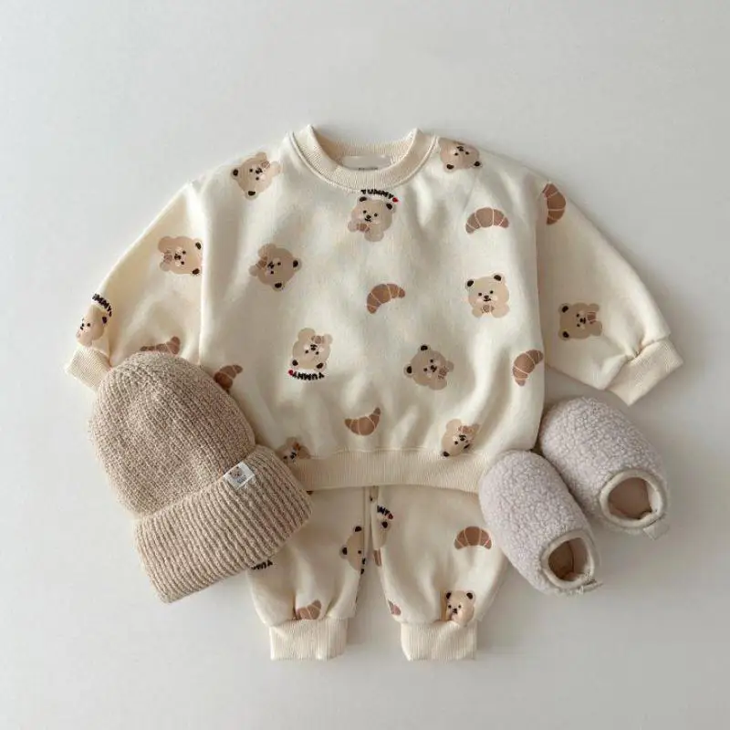 

2024 Spring New Children Long Sleeve Sweatshirt Set Baby Boy Girl Cartoon Bear Print Tops + Pants 2pcs Suit Kids Casual Outfits