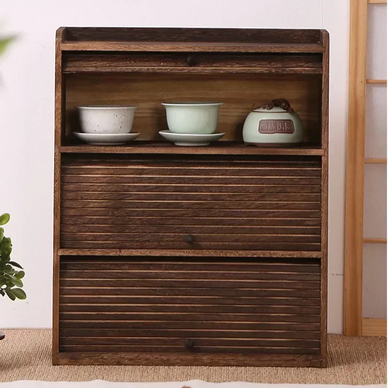 Solid Wood Tea Cup Cabinet, Ancient Frame for Living Room Decor, Dustproof Curtain, Door Teapot Organizer, Traditional Organizer