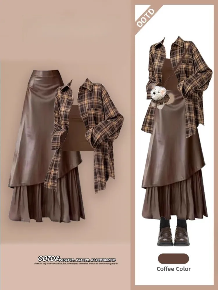 

plus Size Spring Faion Set Women's Plaid irt High-End Slimming Skirt Strap Tee-Piece Set Collar Long Sve