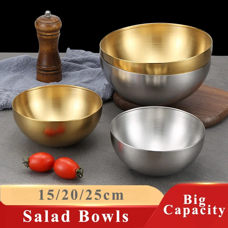 Golden Silver Salad Bowls Large Capacity Stainless Steel Korean Soup Rice Noodle Ramen Bowl Tableware Food Container Utensils