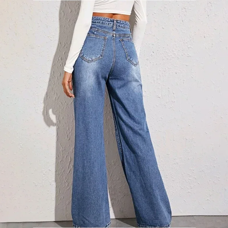 Light blue jeans women spring summer 2024 new retro high-waisted slimming straight mopping pants loose wide legs