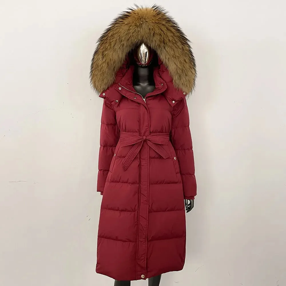 ريال فوكس الفراء طوق 2025 الشتاء الأبيض أوزة أسفل معطف مقنعين سترة فضفاضة المرأة سميكة الدافئة مربوط موضة جديدة معطف منتفخ