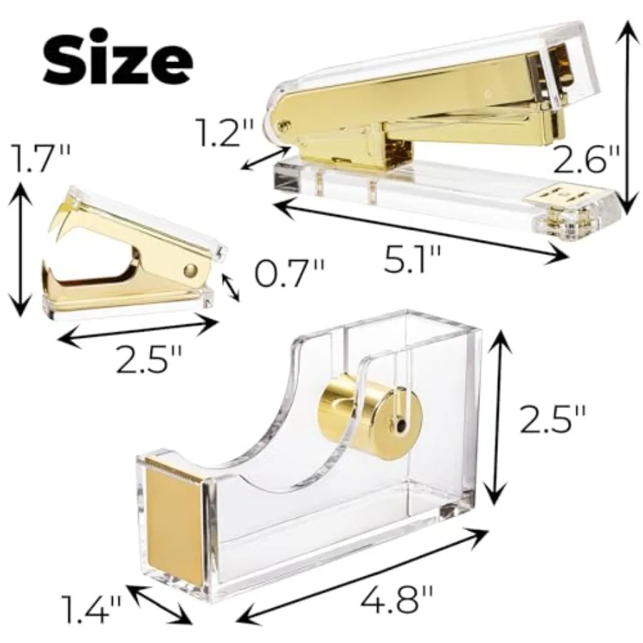 Conjunto de grampeador e dispensador de fita dourada acrílica, acessórios de mesa, material de escritório, inclui removedor de grampos de fita e 1000 peças 24 6 grampos