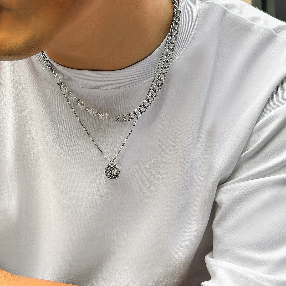 KunJoe Vintage Irregular Imitation Pearl Cuban Chain Choker Necklace Set for Men Punk Silver Color Round Carved Pendant Necklace