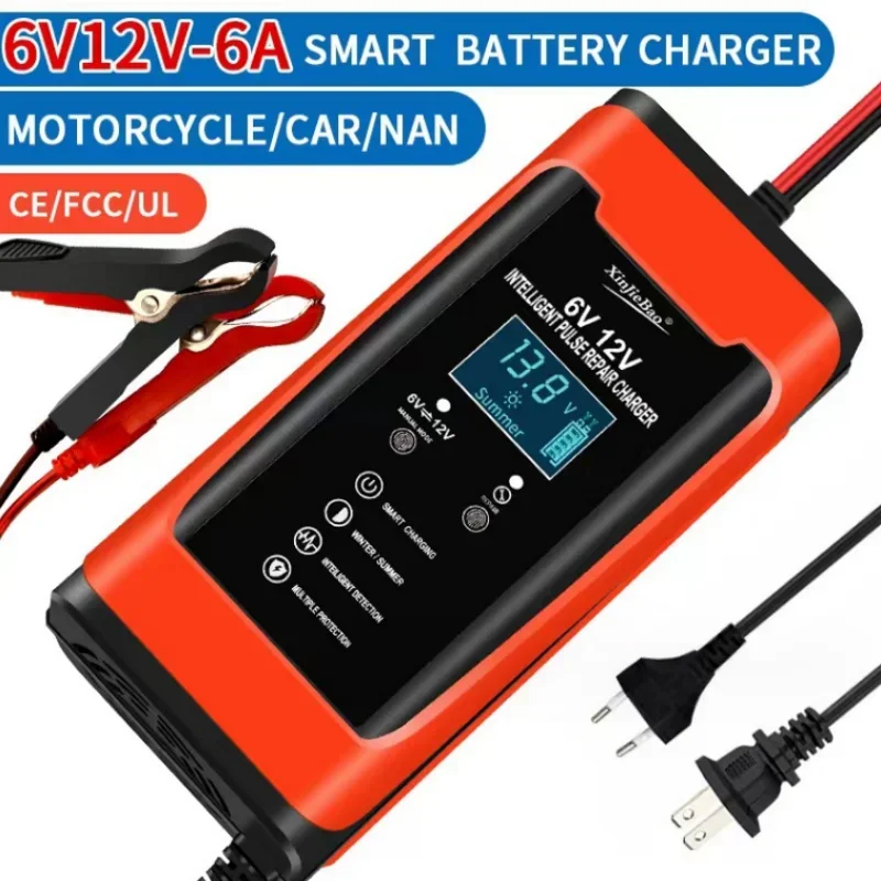 2024New! Cycle GEL Lead-Acid Charger 6V 12V 6A Car Battery Charger Pulse Repair LCD Display Auto Motorcycle Smart Fast Charge